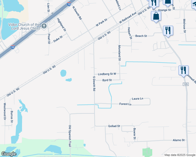 map of restaurants, bars, coffee shops, grocery stores, and more near 680 Byrd Street in Vidor