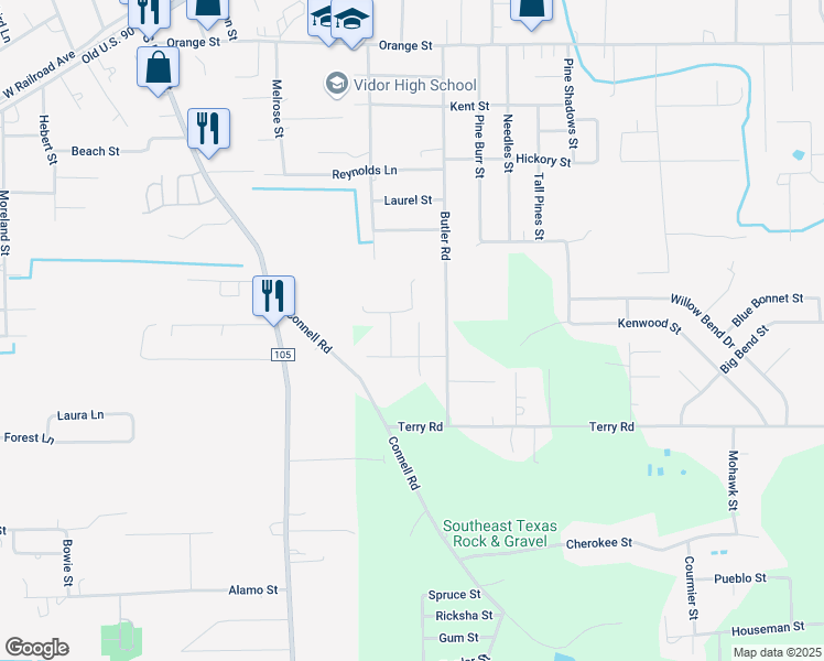 map of restaurants, bars, coffee shops, grocery stores, and more near 1140 Liberty Street in Vidor