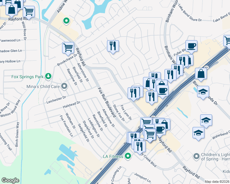 map of restaurants, bars, coffee shops, grocery stores, and more near 2735 Spring Colony Drive in Spring