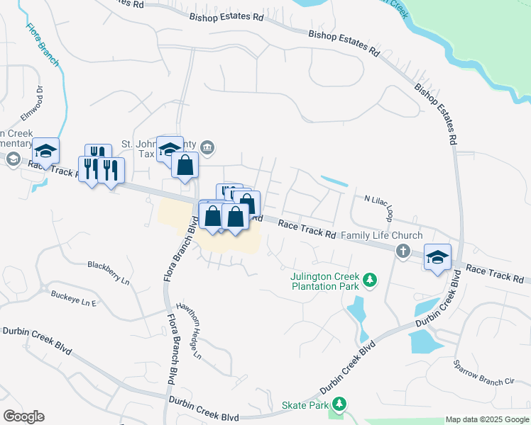 map of restaurants, bars, coffee shops, grocery stores, and more near 2785 Race Track Road in Saint Johns
