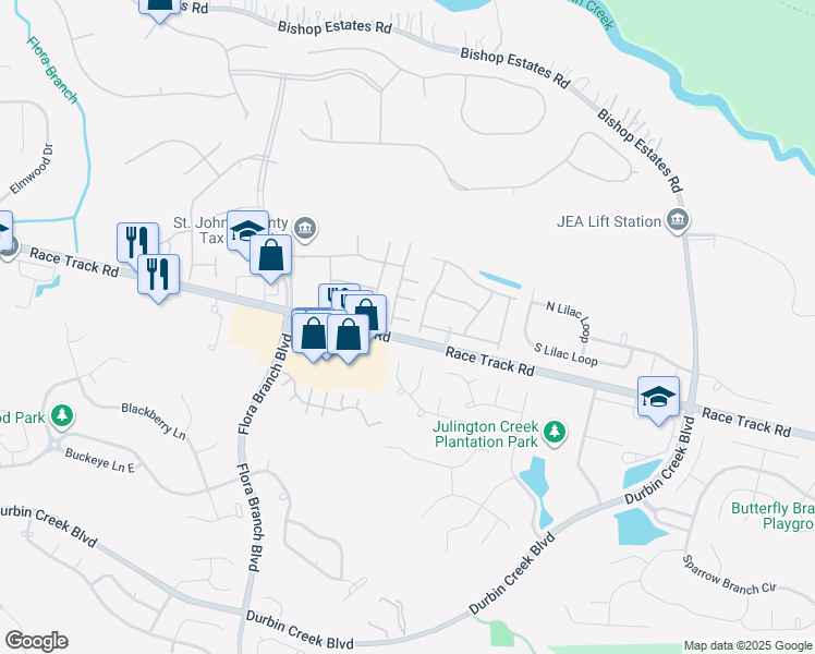 map of restaurants, bars, coffee shops, grocery stores, and more near 301 Redwood Lane in Jacksonville