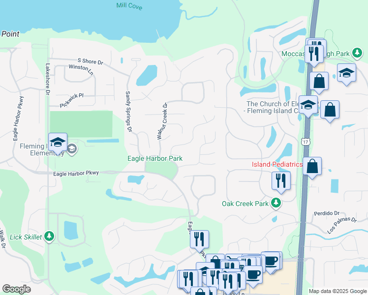 map of restaurants, bars, coffee shops, grocery stores, and more near 1591 Shelter Cove Drive in Orange Park