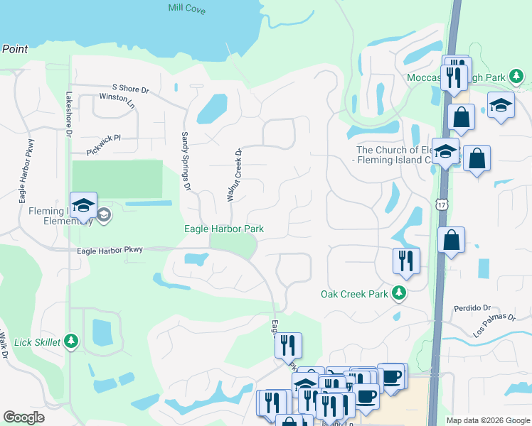 map of restaurants, bars, coffee shops, grocery stores, and more near 1591 Shelter Cove Drive in Orange Park