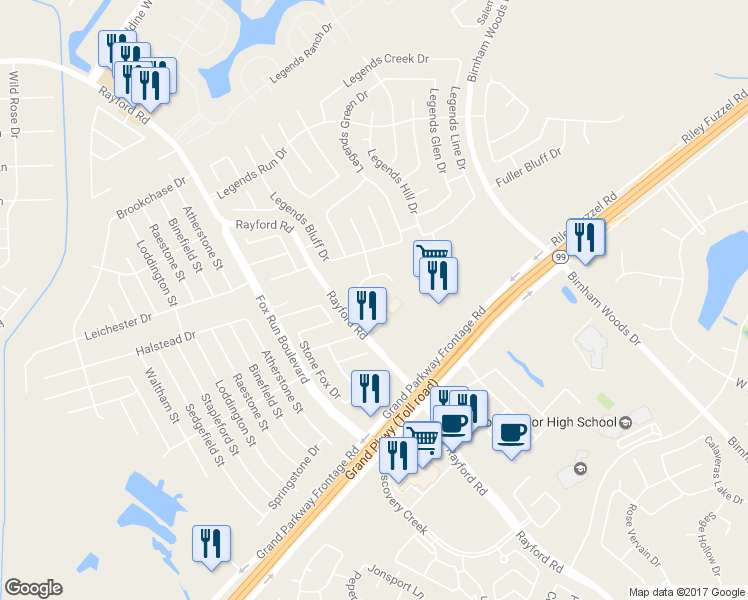 map of restaurants, bars, coffee shops, grocery stores, and more near Legends Smith Drive in Spring