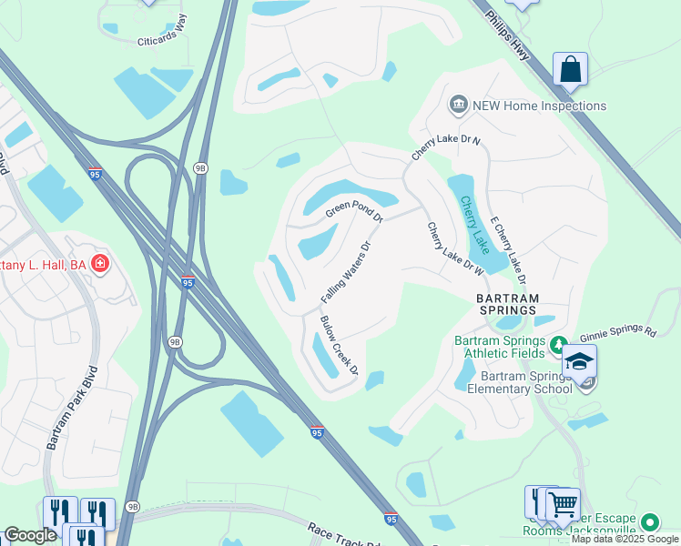 map of restaurants, bars, coffee shops, grocery stores, and more near 14573 Big Brush Lane in Jacksonville