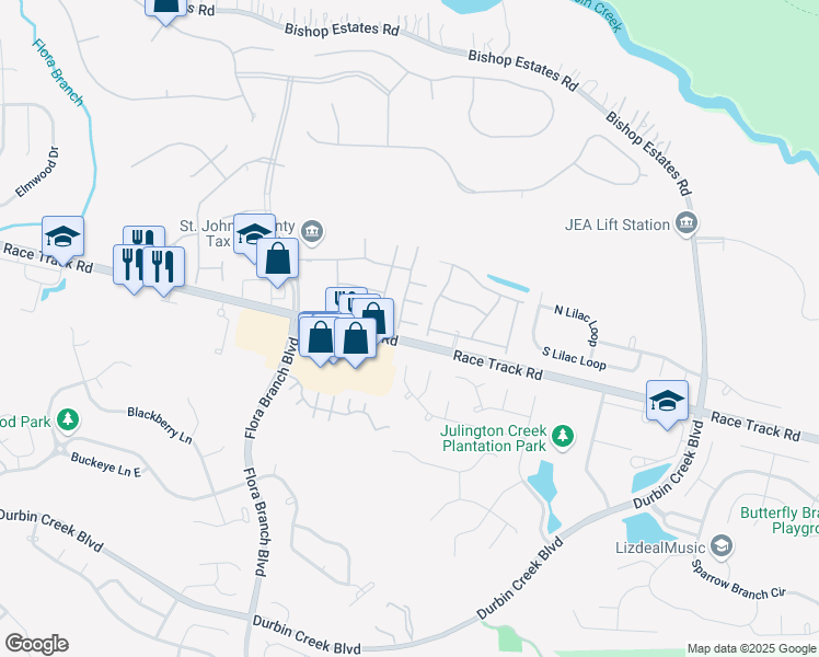 map of restaurants, bars, coffee shops, grocery stores, and more near 301 Redwood Lane in Jacksonville