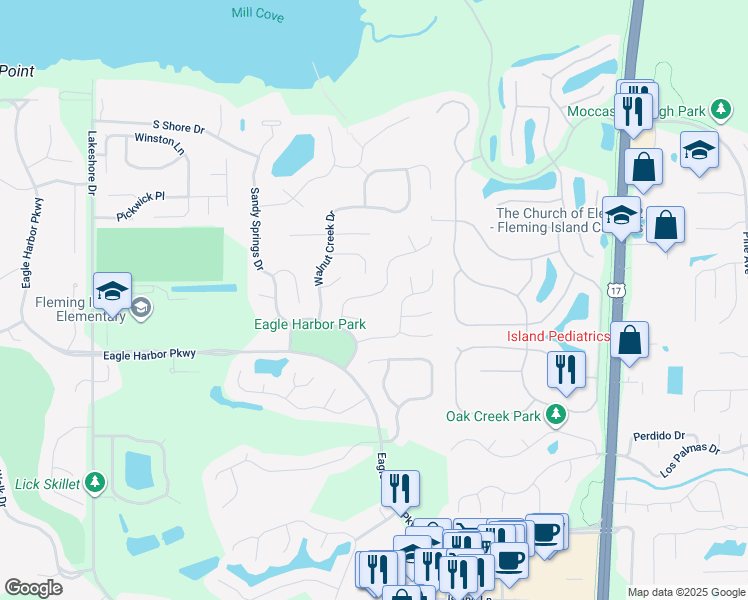 map of restaurants, bars, coffee shops, grocery stores, and more near 1591 Shelter Cove Drive in Orange Park
