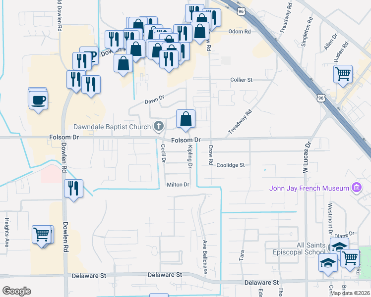 map of restaurants, bars, coffee shops, grocery stores, and more near 5005 Tennyson Drive in Beaumont