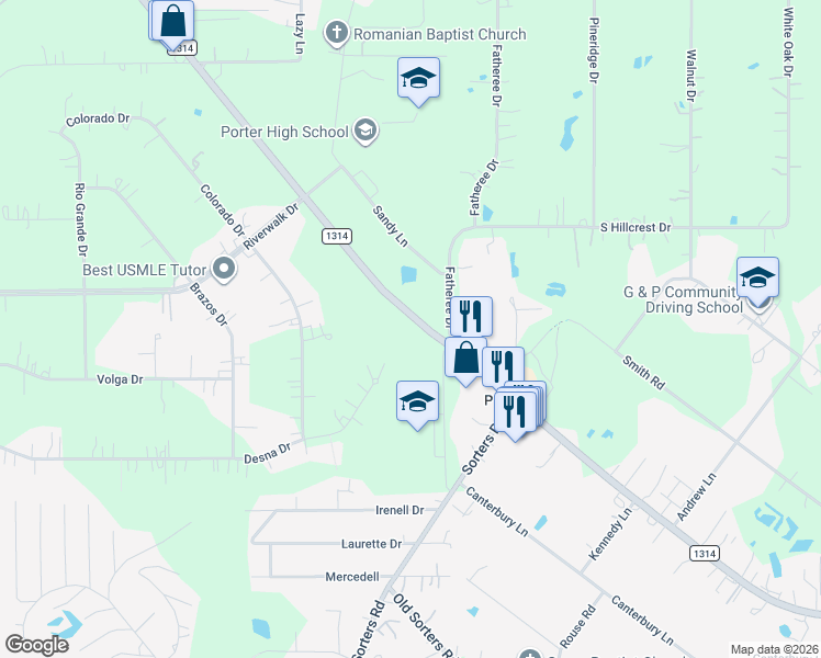 map of restaurants, bars, coffee shops, grocery stores, and more near 23077 Farm to Market Road 1314 in Porter