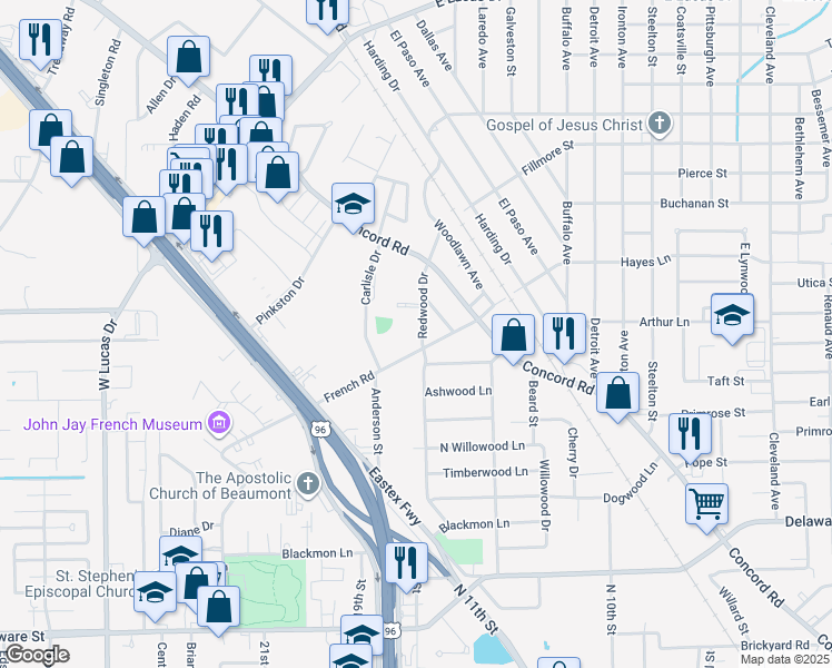map of restaurants, bars, coffee shops, grocery stores, and more near 4045 Redwood Drive in Beaumont