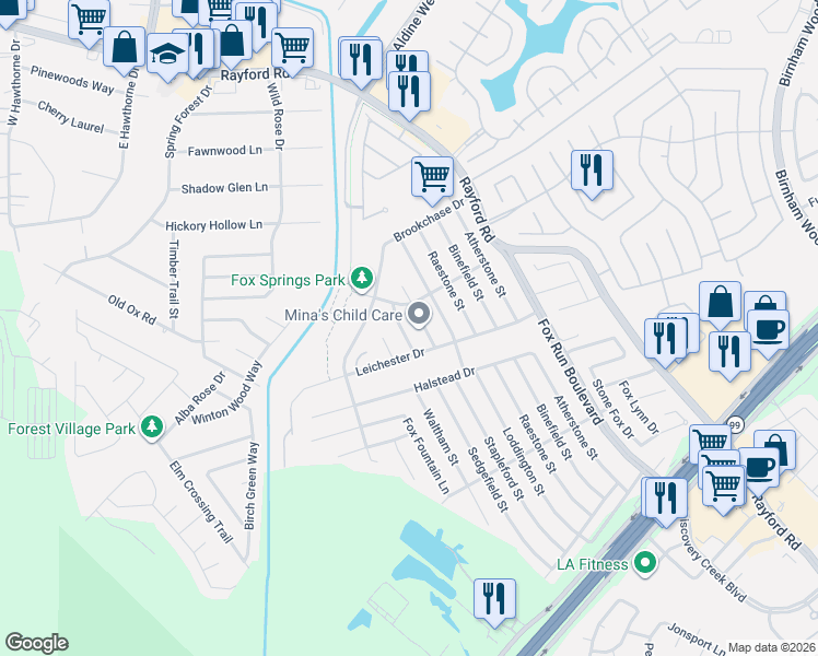map of restaurants, bars, coffee shops, grocery stores, and more near 29314 Sedgefield Street in Spring