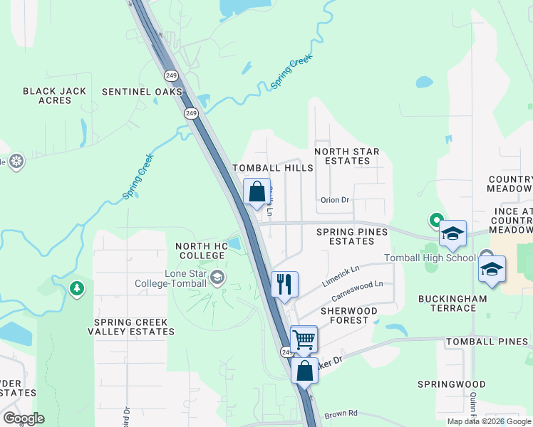 map of restaurants, bars, coffee shops, grocery stores, and more near 29907 Texas 249 in Pinehurst
