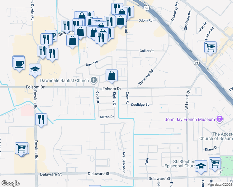 map of restaurants, bars, coffee shops, grocery stores, and more near 3640 Kipling Drive in Beaumont