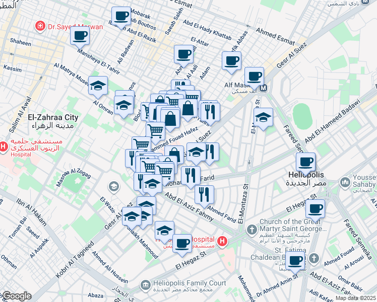 map of restaurants, bars, coffee shops, grocery stores, and more near Gesr Al Suez in Ain Shams
