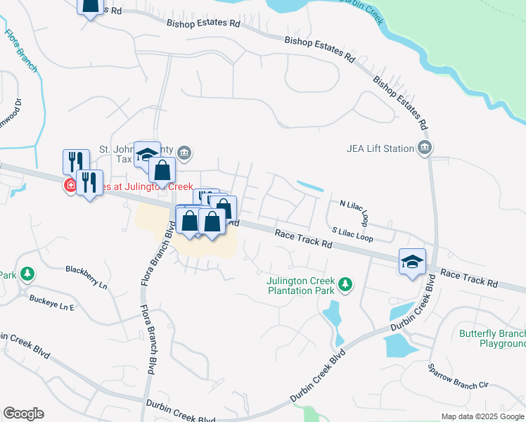 map of restaurants, bars, coffee shops, grocery stores, and more near 318 Redwood Lane in Jacksonville