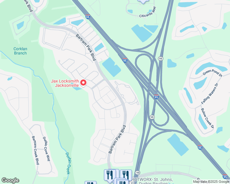 map of restaurants, bars, coffee shops, grocery stores, and more near 14599 Bartram Park Boulevard in Jacksonville