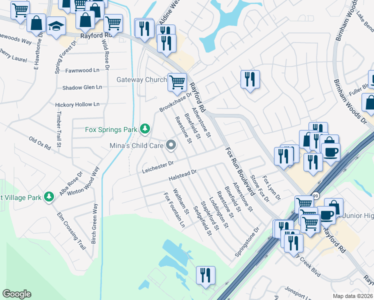map of restaurants, bars, coffee shops, grocery stores, and more near 29303 Loddington Street in Spring