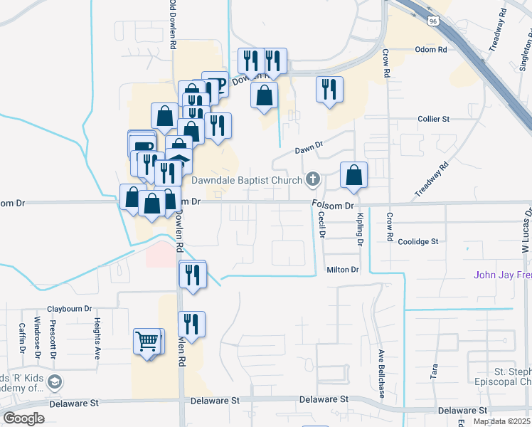 map of restaurants, bars, coffee shops, grocery stores, and more near 5495 Greenbriar Lane in Beaumont
