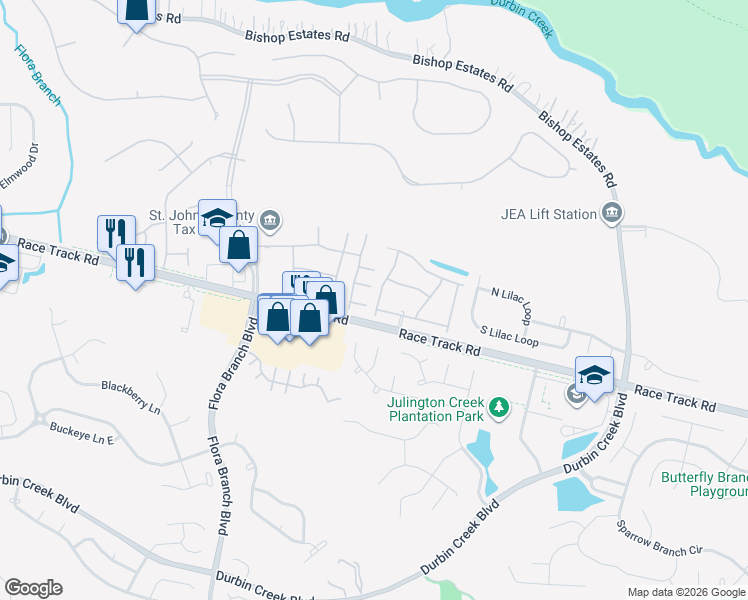 map of restaurants, bars, coffee shops, grocery stores, and more near 319 Redwood Lane in Jacksonville