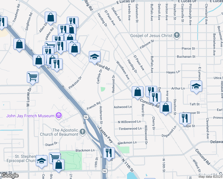 map of restaurants, bars, coffee shops, grocery stores, and more near 4045 Redwood Drive in Beaumont