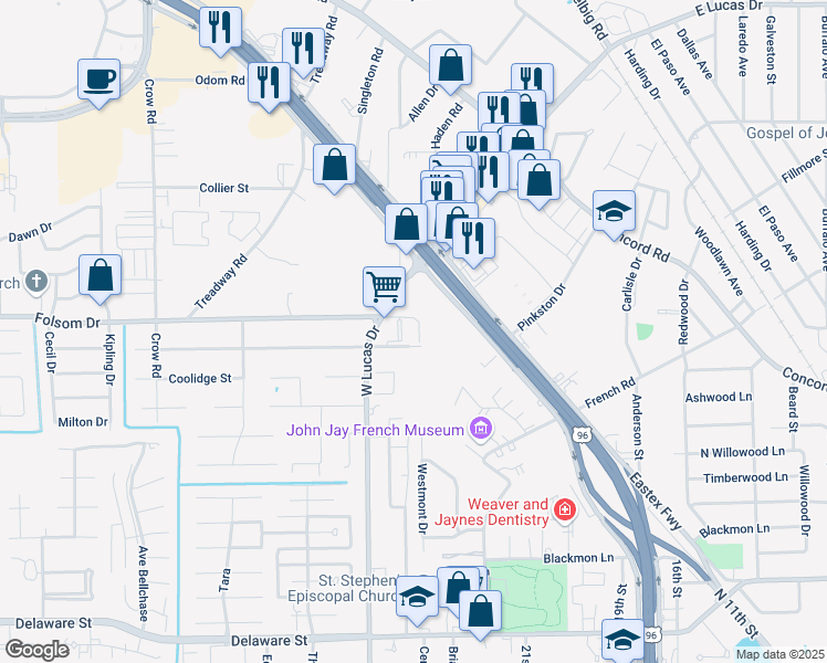 map of restaurants, bars, coffee shops, grocery stores, and more near 4115 Arthur Street in Beaumont