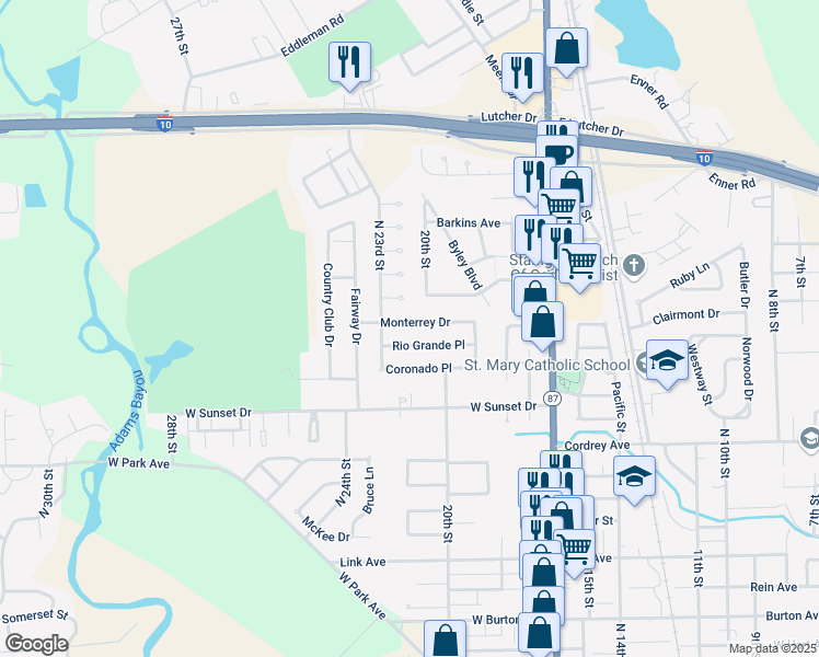 map of restaurants, bars, coffee shops, grocery stores, and more near 2217 Rio Grande Place in Orange