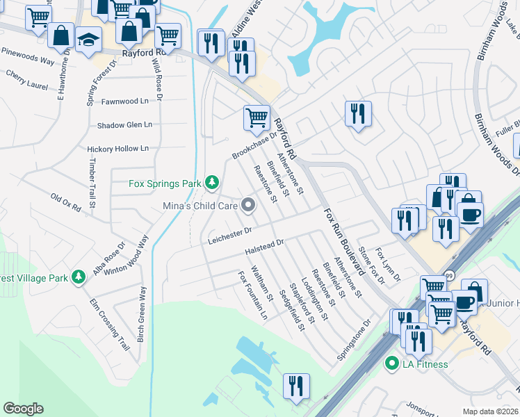 map of restaurants, bars, coffee shops, grocery stores, and more near 29303 Loddington Street in Spring