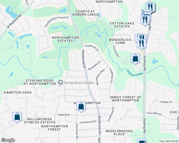map of restaurants, bars, coffee shops, grocery stores, and more near 24302 Northcrest Drive in Spring