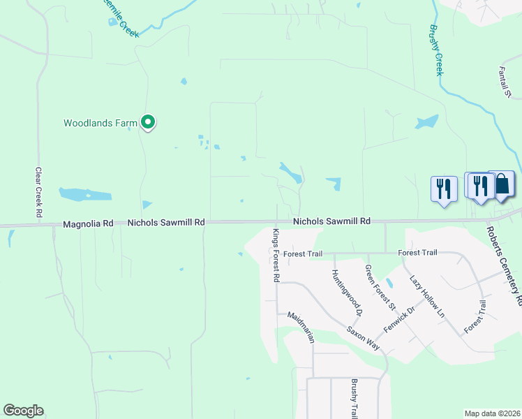 map of restaurants, bars, coffee shops, grocery stores, and more near 23193 Nichols Sawmill Road in Hockley