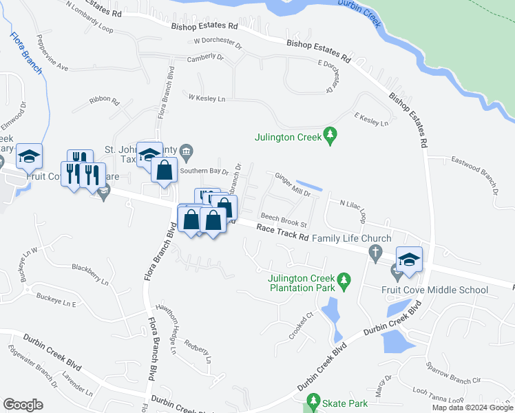 map of restaurants, bars, coffee shops, grocery stores, and more near 321 Redwood Lane in Saint Johns