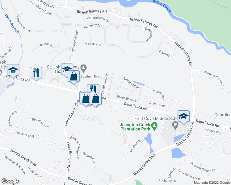 map of restaurants, bars, coffee shops, grocery stores, and more near 321 Redwood Lane in Jacksonville