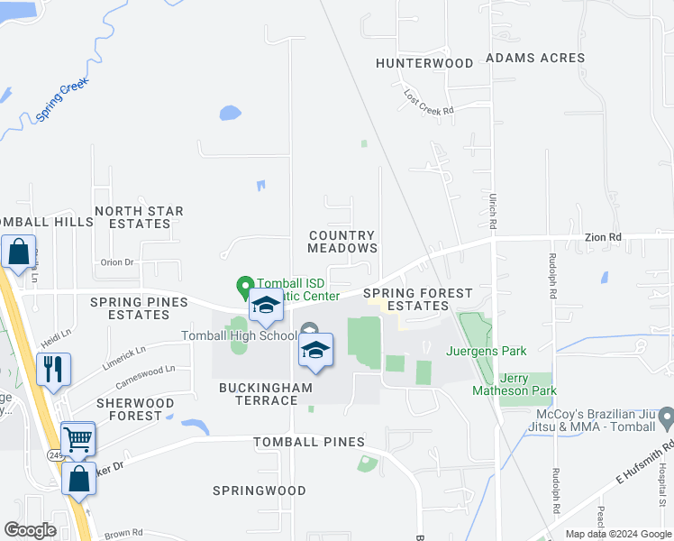 map of restaurants, bars, coffee shops, grocery stores, and more near 30538 Country Meadows Drive in Tomball