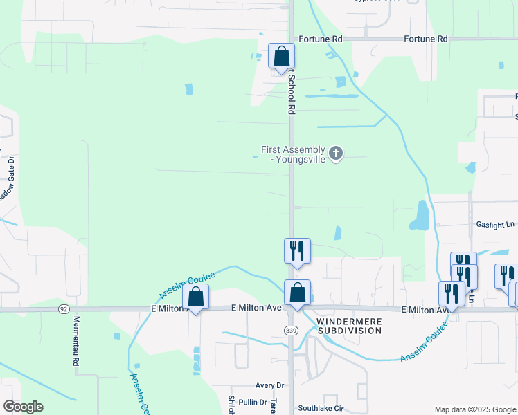 map of restaurants, bars, coffee shops, grocery stores, and more near 3620 Verot School Road in Youngsville