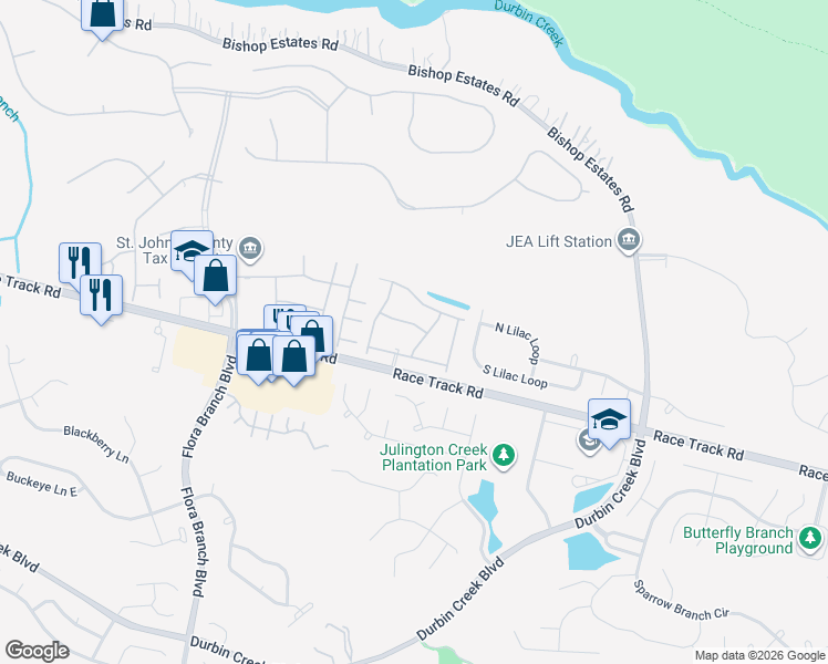 map of restaurants, bars, coffee shops, grocery stores, and more near 601 Briar Way Lane in Jacksonville