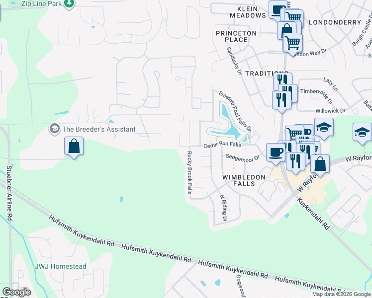 map of restaurants, bars, coffee shops, grocery stores, and more near 24227 Rocky Brook Falls in Tomball