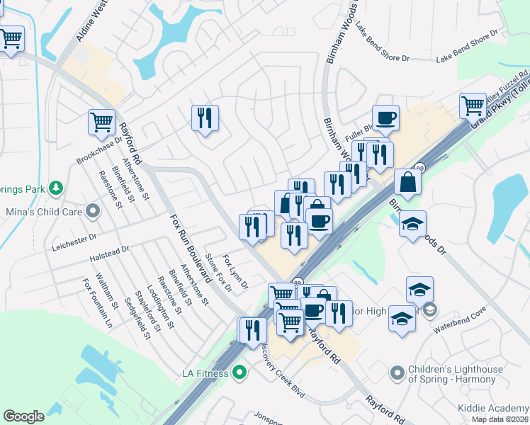 map of restaurants, bars, coffee shops, grocery stores, and more near 29113 Legends Valley Lane in Spring
