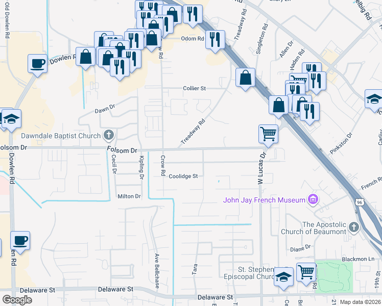 map of restaurants, bars, coffee shops, grocery stores, and more near 4655 Arthur Lane in Beaumont