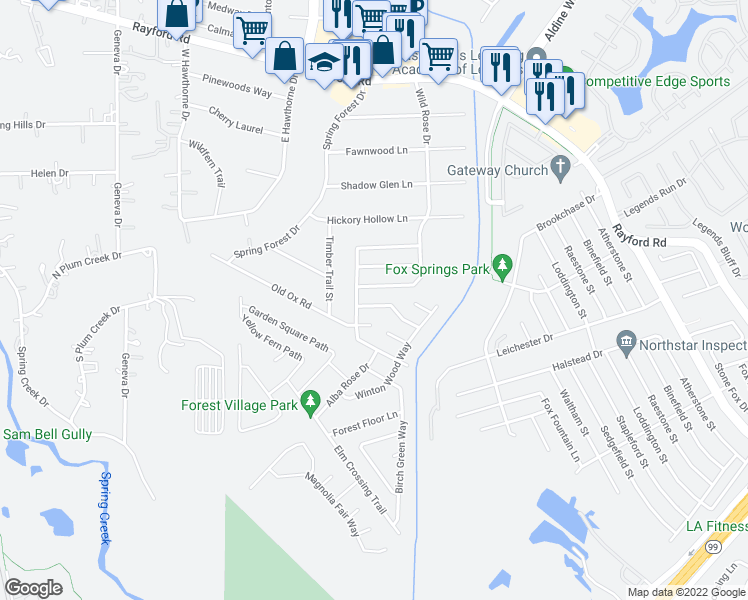 map of restaurants, bars, coffee shops, grocery stores, and more near 2319 Stiller Ridge Way in Spring