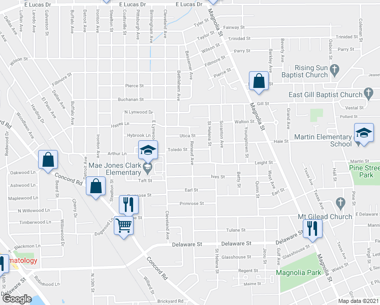 map of restaurants, bars, coffee shops, grocery stores, and more near 2115 Toledo Street in Beaumont
