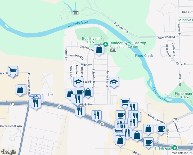 map of restaurants, bars, coffee shops, grocery stores, and more near 619 Rebecca Lane in Bastrop