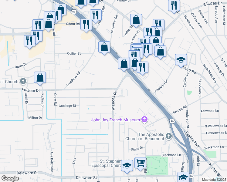 map of restaurants, bars, coffee shops, grocery stores, and more near 4215 Folsom Drive in Beaumont