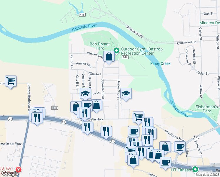 map of restaurants, bars, coffee shops, grocery stores, and more near 611 Barbara Way in Bastrop