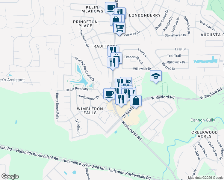map of restaurants, bars, coffee shops, grocery stores, and more near 24325 Kuykendahl Road in Tomball