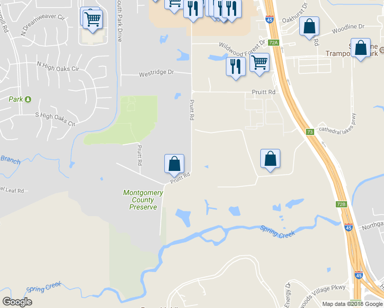 map of restaurants, bars, coffee shops, grocery stores, and more near Pruitt Road in Spring