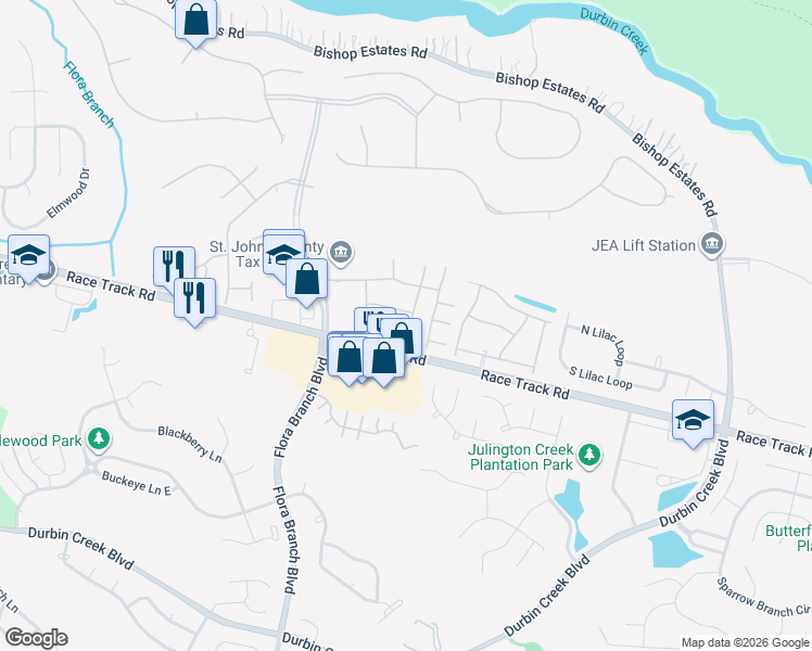 map of restaurants, bars, coffee shops, grocery stores, and more near 754 Middle Branch Way in Jacksonville