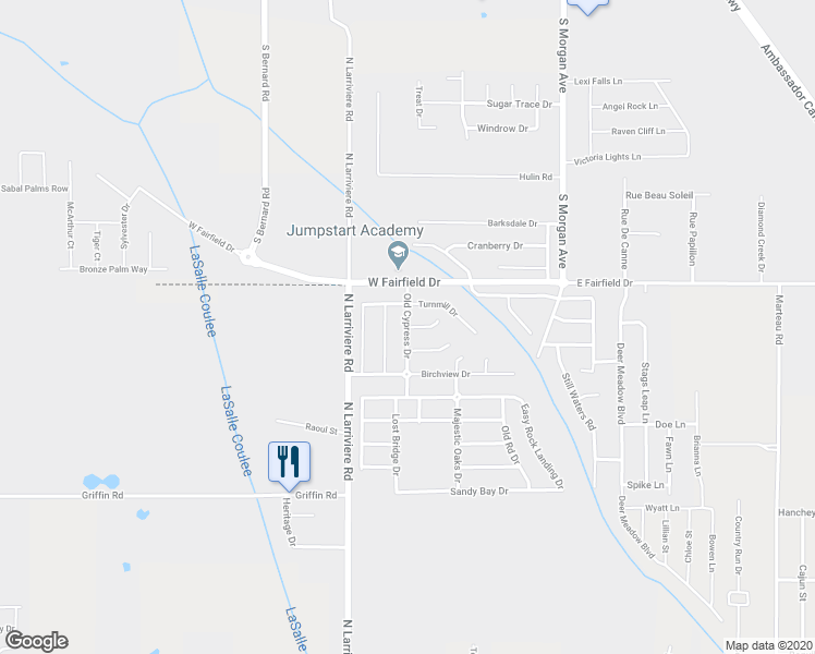 map of restaurants, bars, coffee shops, grocery stores, and more near Old Cypress Road in Broussard