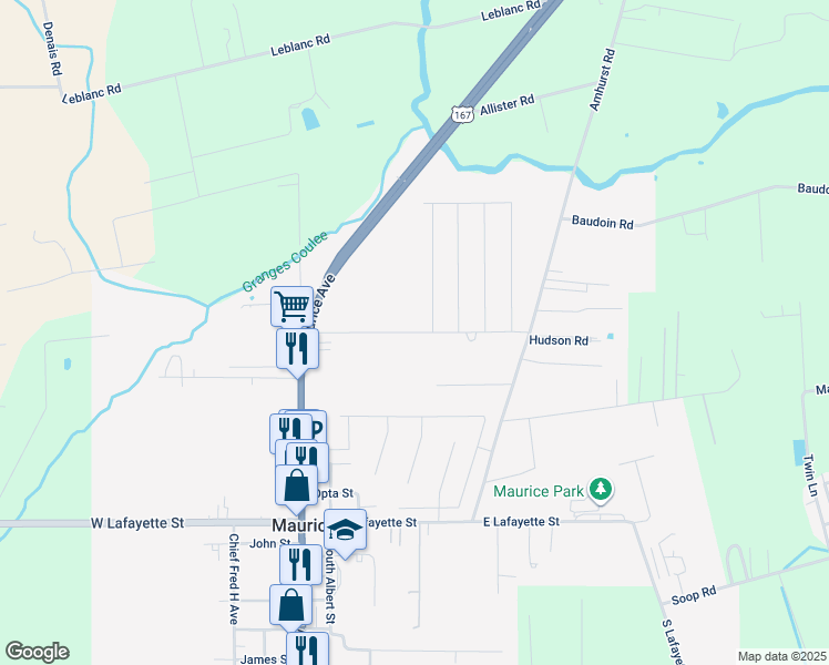 map of restaurants, bars, coffee shops, grocery stores, and more near 340 East Vincent Street in Maurice