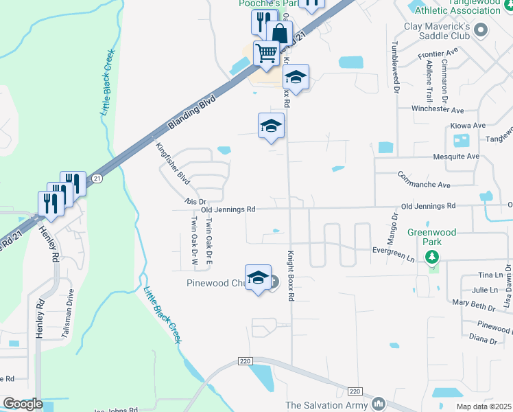 map of restaurants, bars, coffee shops, grocery stores, and more near 386 Old Jennings Road in Orange Park