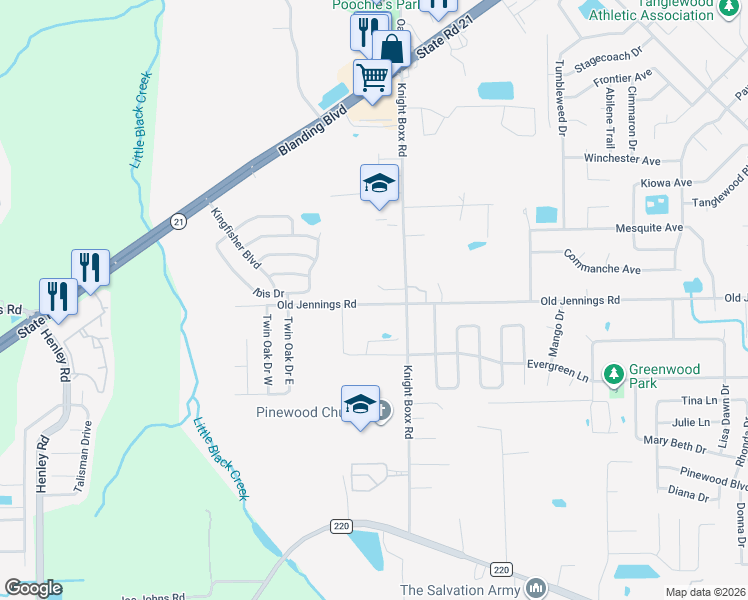 map of restaurants, bars, coffee shops, grocery stores, and more near 113 Knight Boxx Road in Orange Park
