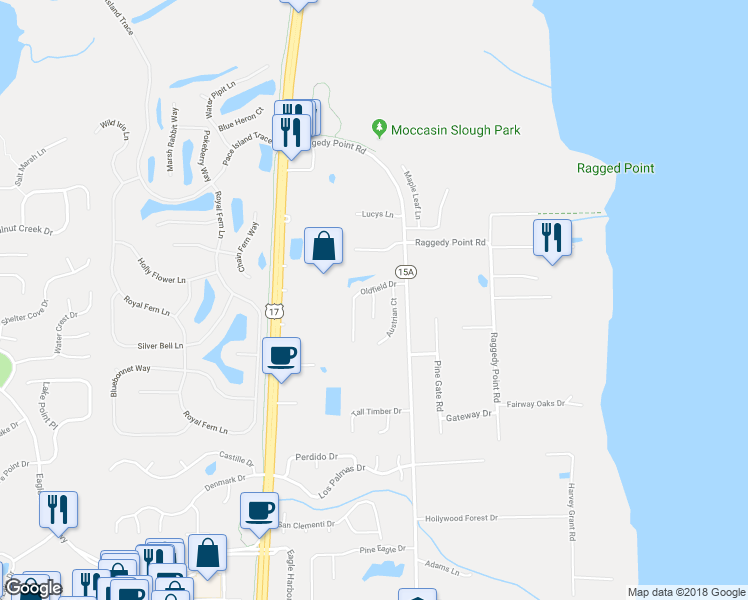 map of restaurants, bars, coffee shops, grocery stores, and more near 4521 Longleaf Court in Fleming Island
